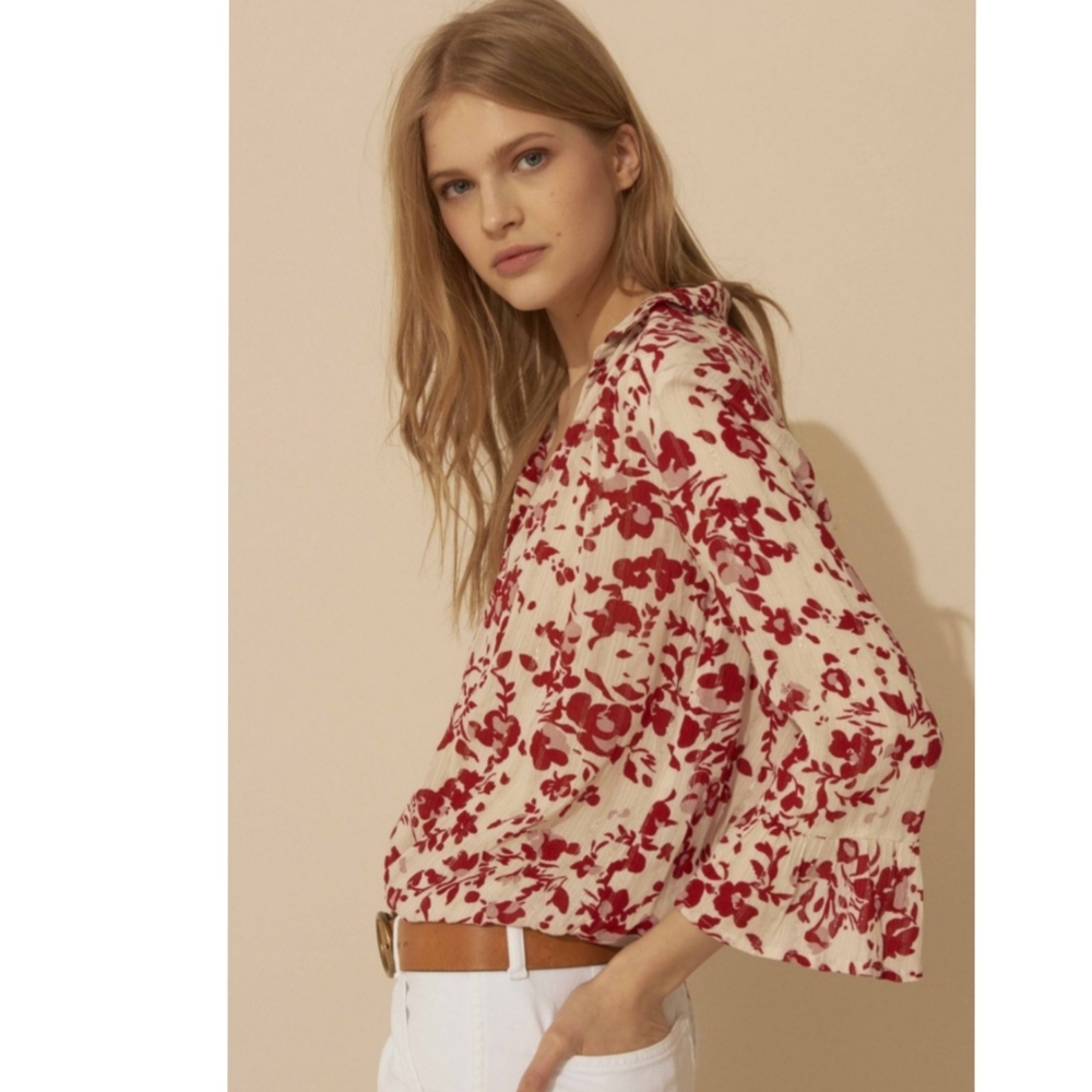 ba&sh Red Floral Cream Blouse